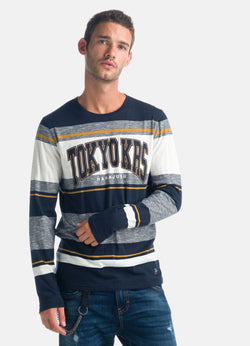 Gestreiftes Langarm-T-Shirt mit Herren-Print in Marineblau – Koroshi 1921ML05