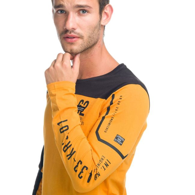 Zweifarbiges Langarm-T-Shirt für Herren, gelbes Webdetail – Koroshi 1921ML07