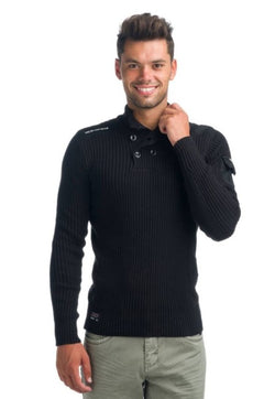 Ribbed knit turtleneck sweater with buttons for men black - Koroshi 1921TR10