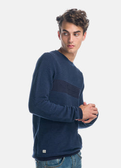 Men's embossed text ribbed knit sweater blue back - Koroshi 1921TR26