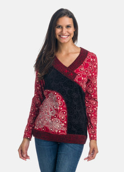 T-shirt rossa da donna in tricot a maniche lunghe con scollo incrociato - Koroshi 1922ML31