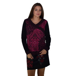 T-shirt da donna bordeaux stampa floccata a maniche lunghe con scollo incrociato - Koroshi 1922ML37