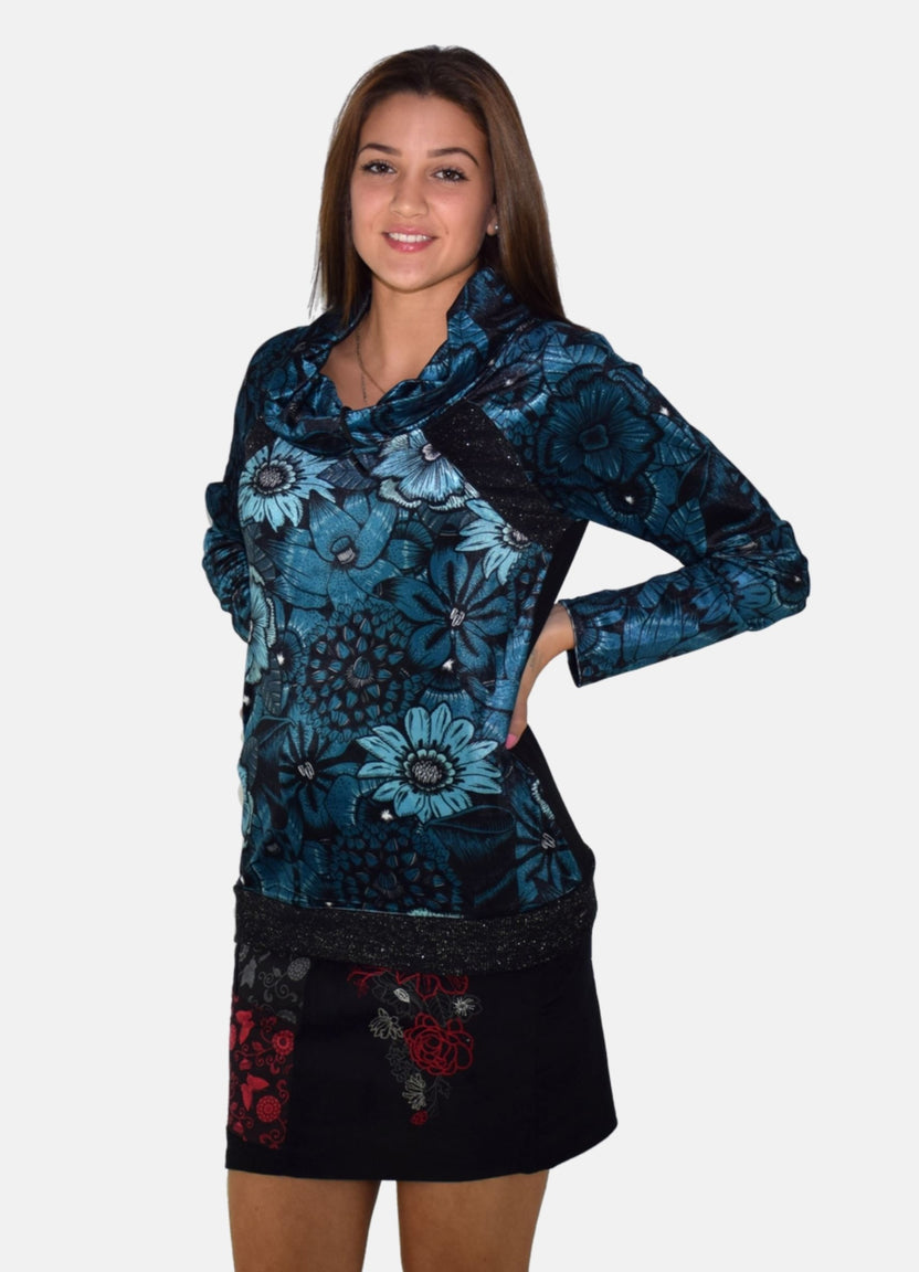 T-shirt blu stampata da donna a maniche lunghe con colletto regolabile con coulisse e lurex