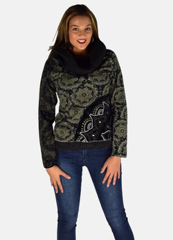 Khaki women's printed long-sleeved turtleneck t-shirt - Koroshi 1922ML66 front view