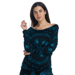 Cobalt women's long-sleeved printed t-shirt with draped neckline - Koroshi 1922ML82