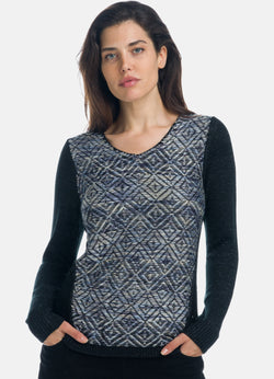 Women's black V-neck geometric jacquard sweater - Koroshi 1922TR36