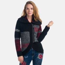 Chaqueta de punto cuello vuelto con lurex mujer negro y rojo - Koroshi 1922TR79
