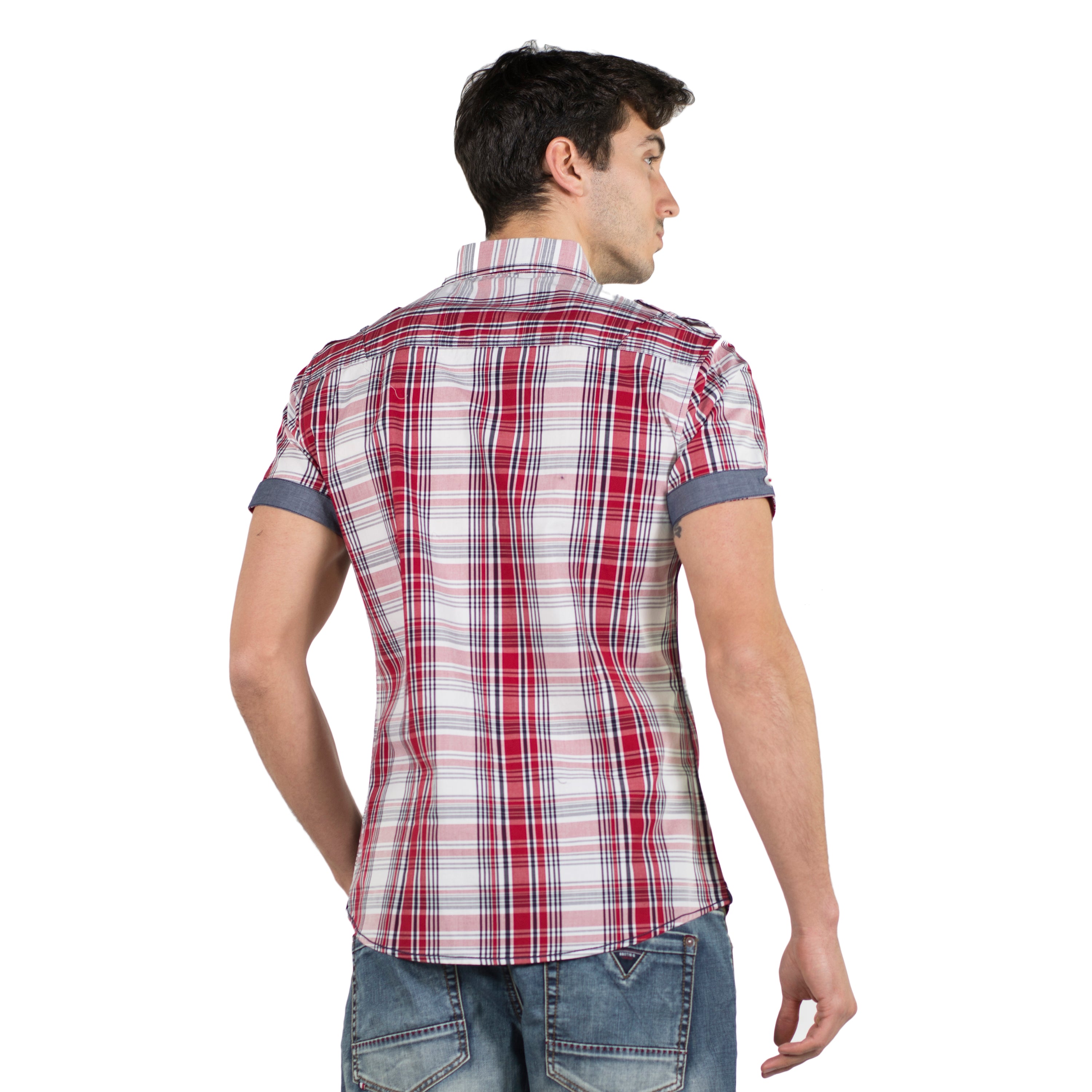 Camisa cuadros popelín charreteras manga corta hombre roja - Koroshi 2011CC50
