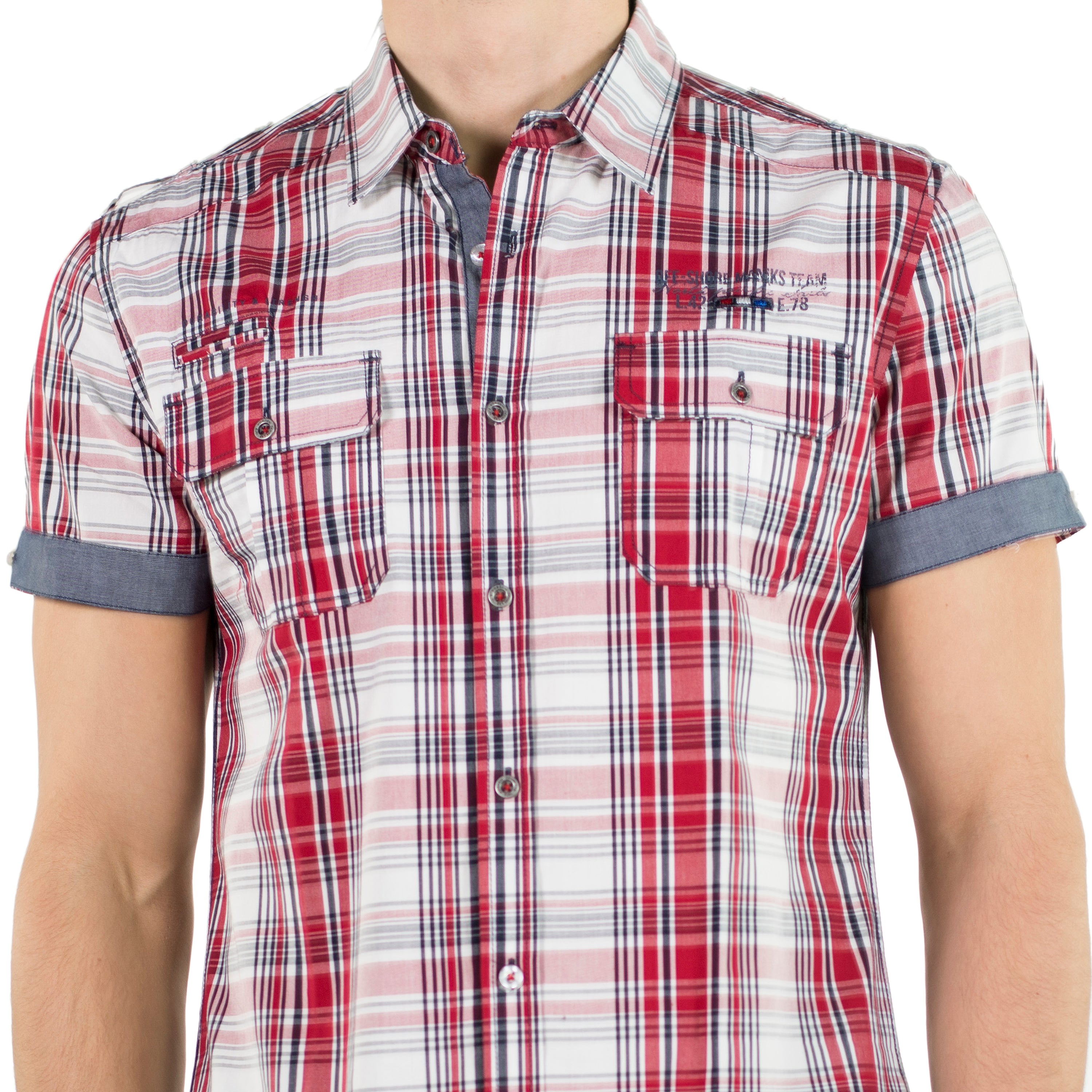 Camisa cuadros popelín charreteras manga corta hombre roja - Koroshi 2011CC50