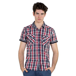 Red men's short sleeve poplin checkered shirt with pockets - Koroshi 2011CC52