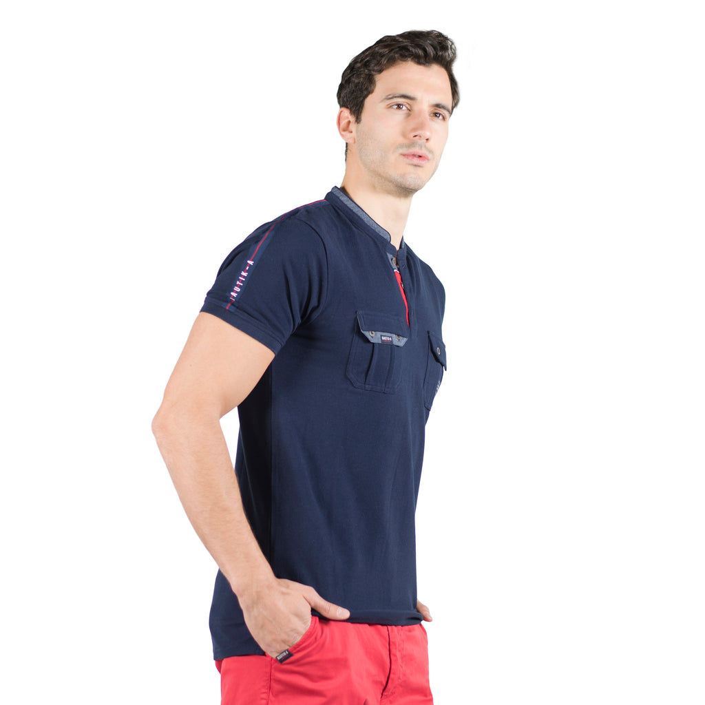 Polo col mao manches courtes avec poches homme marine vue arrière - Koroshi 2011PC26