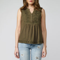 Khaki women's fluid sleeveless blouse with embroidery and lace - Koroshi 2012BL70
