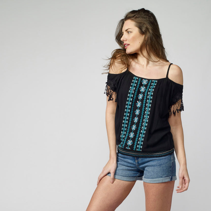 Blusa da donna in bambù con spalle scoperte, ricami e paillettes - Koroshi 2012BL91
