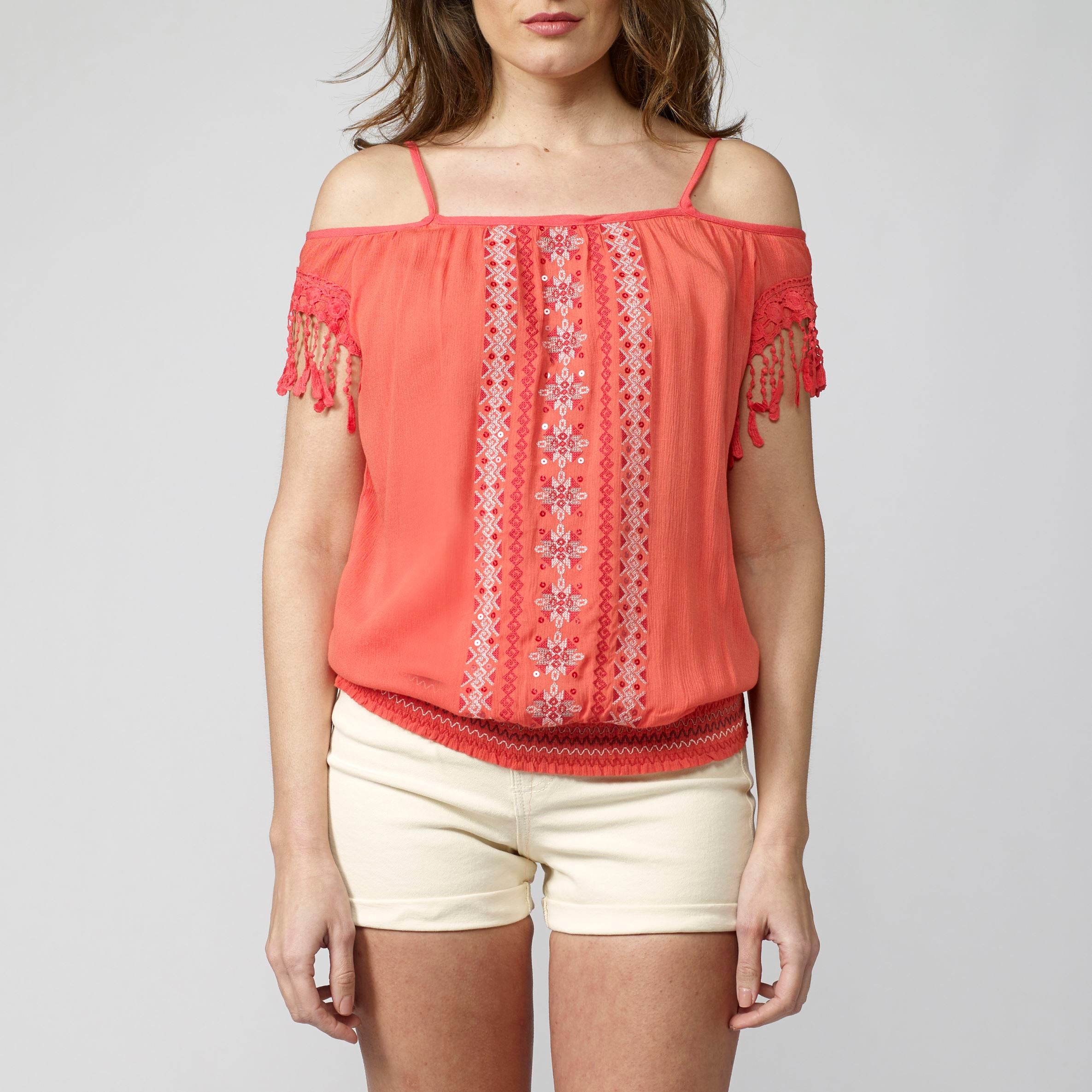 Blusa in bambù con spalle scoperte con ricami e paillettes da donna corallo - Koroshi 2012BL91