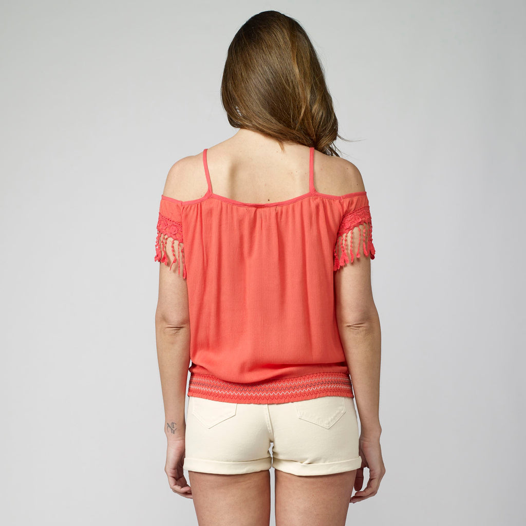 Blusa in bambù con spalle scoperte con ricami e paillettes da donna corallo - Koroshi 2012BL91