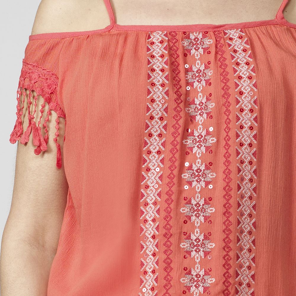 Blusa in bambù con spalle scoperte con ricami e paillettes da donna corallo - Koroshi 2012BL91