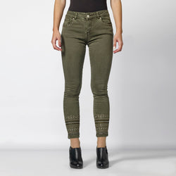 Pantalon femme kaki slim brodé ethnique longueur cheville - Koroshi 2012PT23