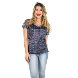 Aqua blue women's mosaic print short sleeve top - Koroshi 2012TP26