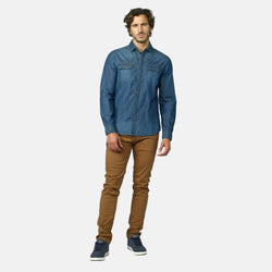 Camicia da uomo in denim ricamato sul retro a maniche lunghe blu scuro - Koroshi 2021CL21
