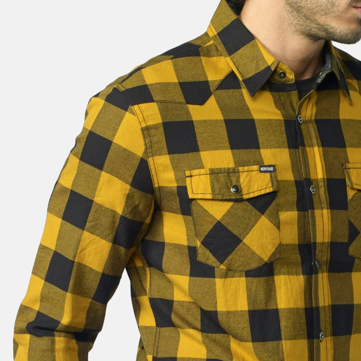 Camisa cuadros franela manga larga hombre mostaza - Koroshi 2021CL52