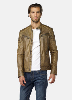 Mandarin collar leather effect jacket with fur lining, brown - Koroshi 2021JA03