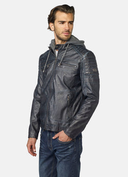 Blouson effet cuir à capuche amovible homme, bleu marine - Koroshi 2021JA05