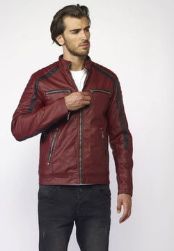 Maroon men's mandarin collar leather effect biker jacket - Koroshi 2021JA06