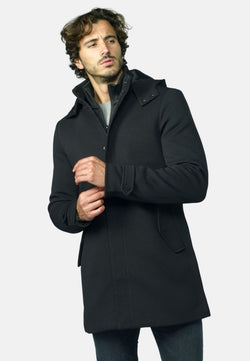 Cappotto in panno nero da uomo con cappuccio removibile - Koroshi 2021JA63