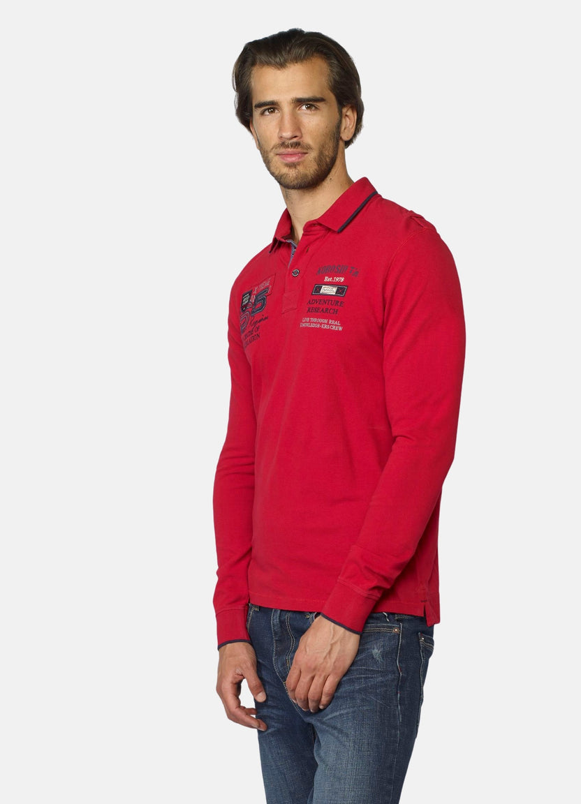 Men's red typographic embroidered long-sleeved piqué polo shirt - Koroshi 2021PL10