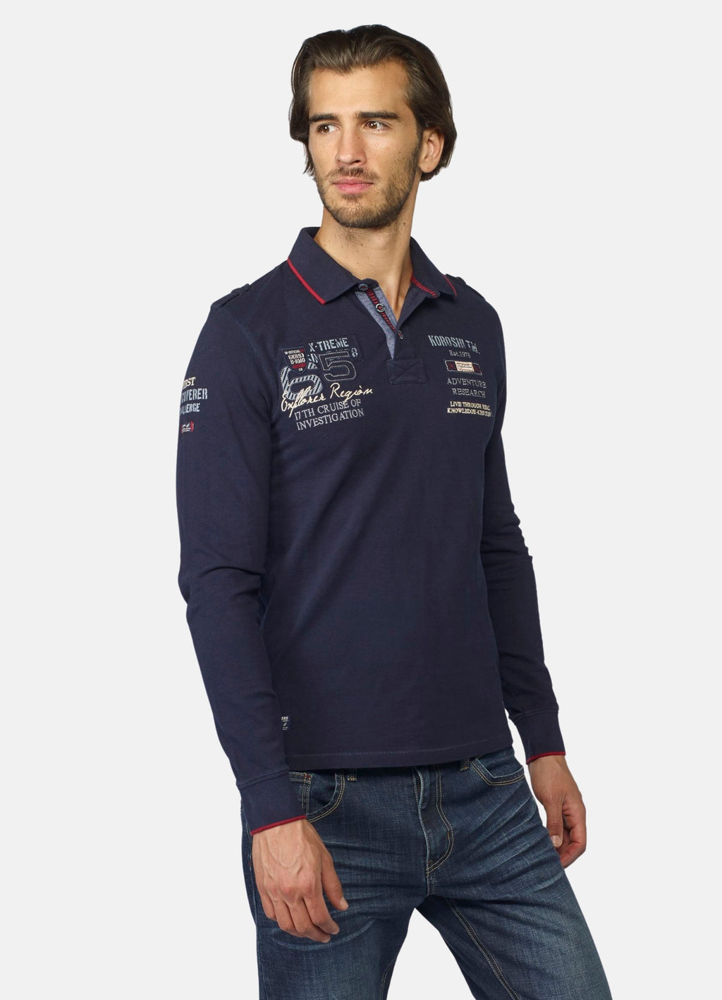 Men's typographic embroidered piqué long-sleeved polo shirt navy - Koroshi 2021PL10