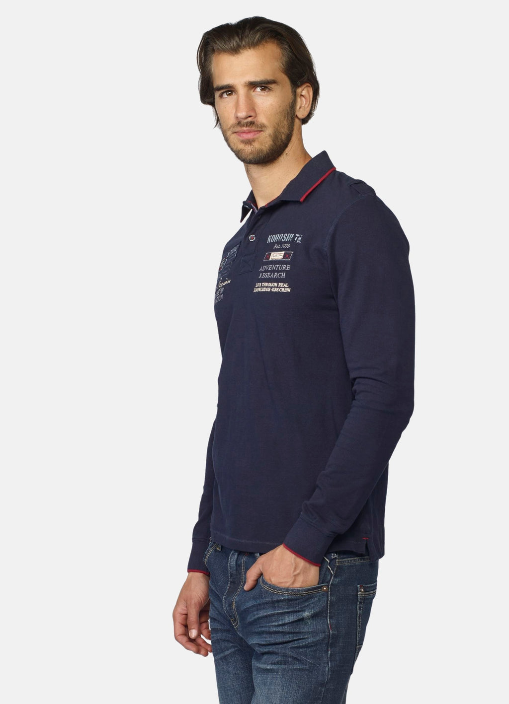 Men's typographic embroidered piqué long-sleeved polo shirt navy - Koroshi 2021PL10