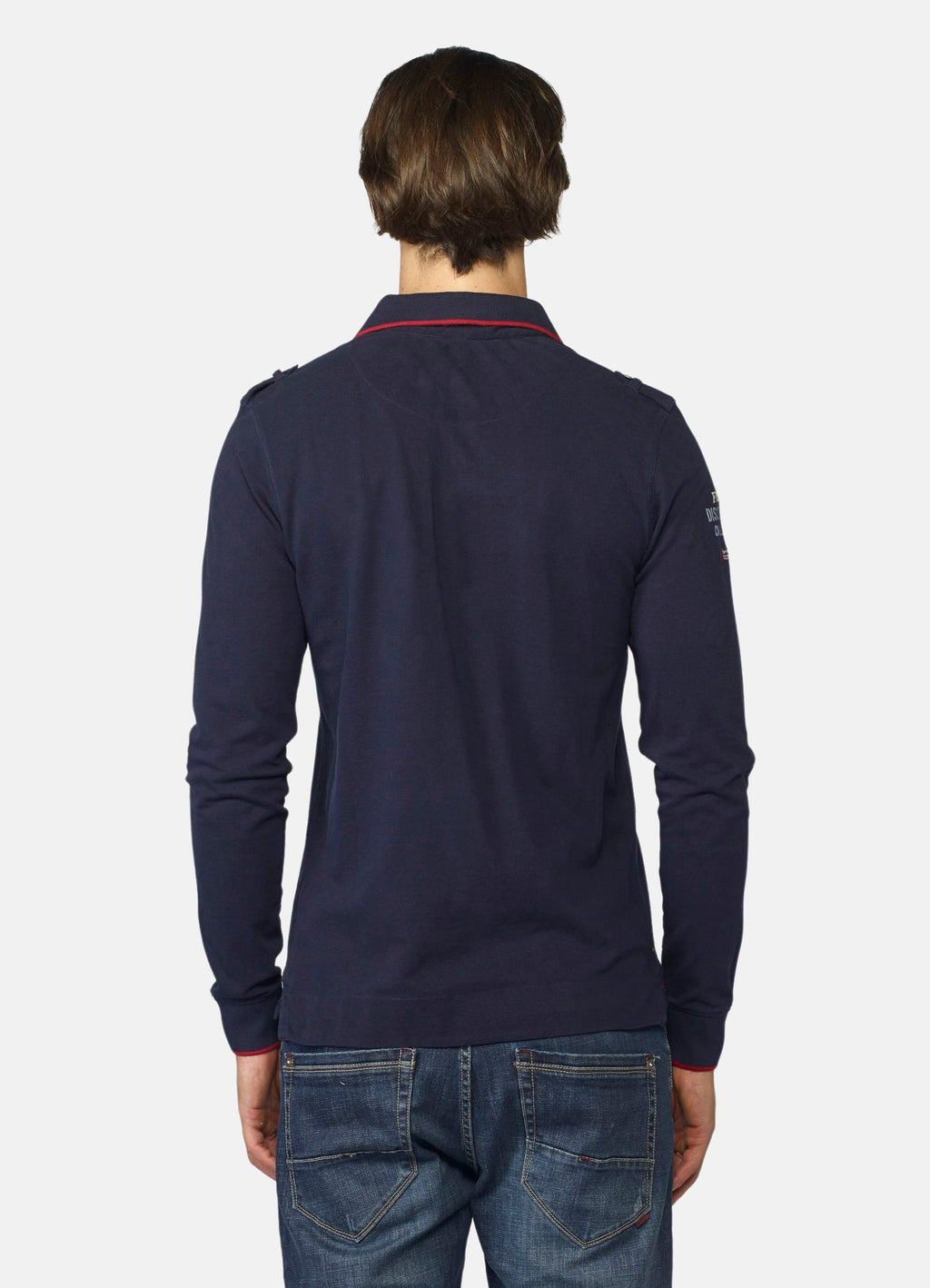 Men's typographic embroidered piqué long-sleeved polo shirt navy - Koroshi 2021PL10