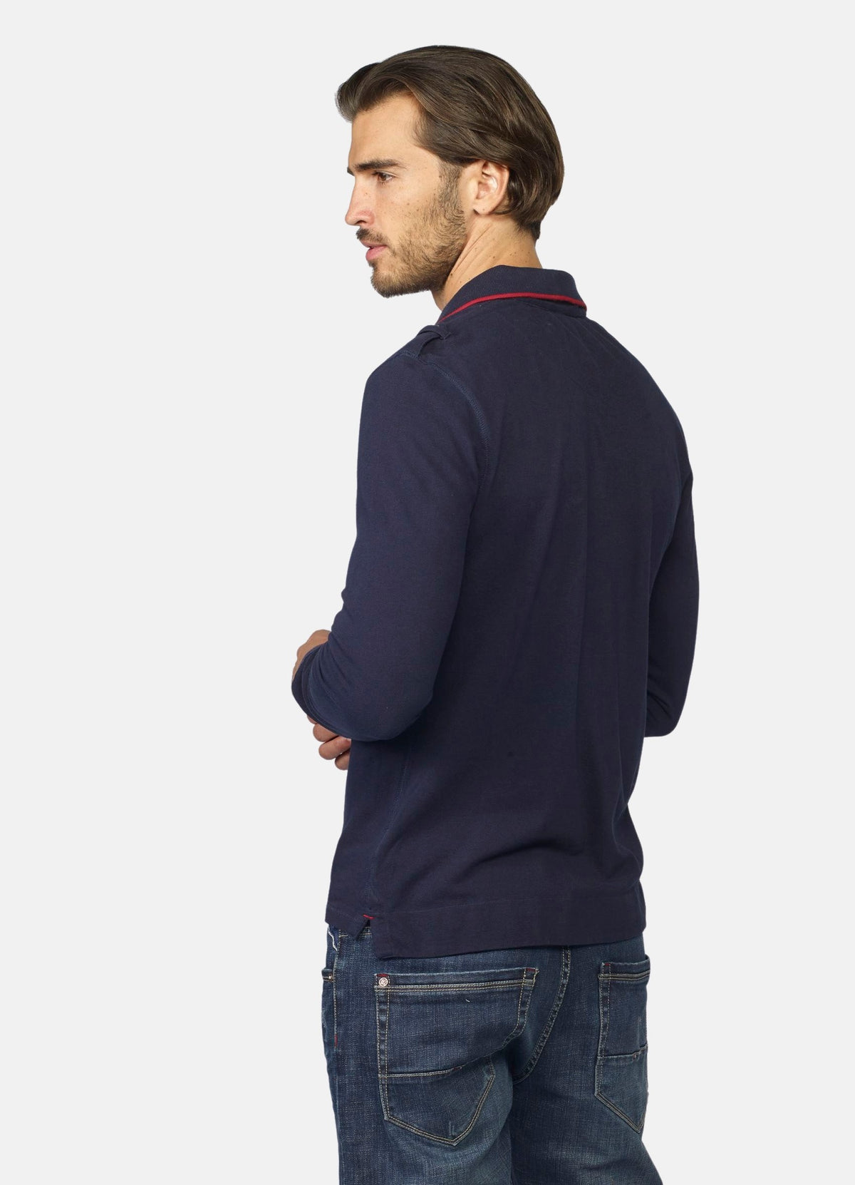 Men's typographic embroidered piqué long-sleeved polo shirt navy - Koroshi 2021PL10