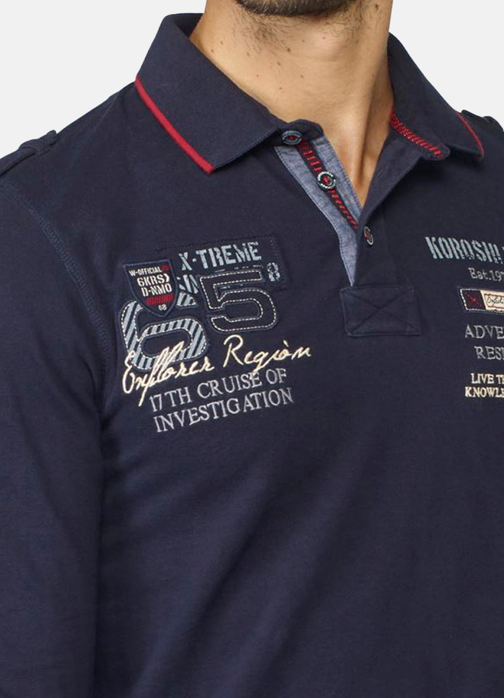 Men's typographic embroidered piqué long-sleeved polo shirt navy - Koroshi 2021PL10