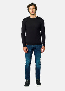 Fein gestrickter schwarzer Herrenpullover aus Baumwolle und Kaschmir mit Rundhalsausschnitt – Koroshi 2021TR45