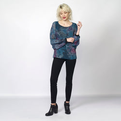 Fließende Bluse mit Mandala-Print, Fledermausärmel, Damen, Aquablau – Koroshi 2022BL02