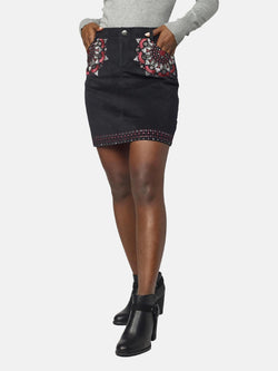 Women's black lurex ethnic embroidery micro corduroy skirt - Koroshi 2022FA31