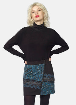 Ethnic print straight skirt with lurex for women black - Koroshi 2022FA66