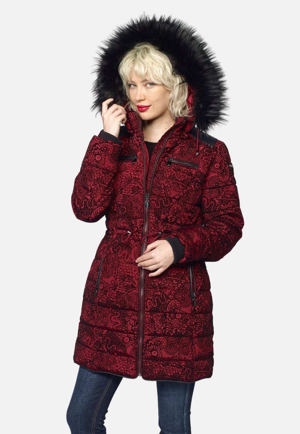 Jaqueta parka llarga encoixinada de dona amb caputxa de pell no animal