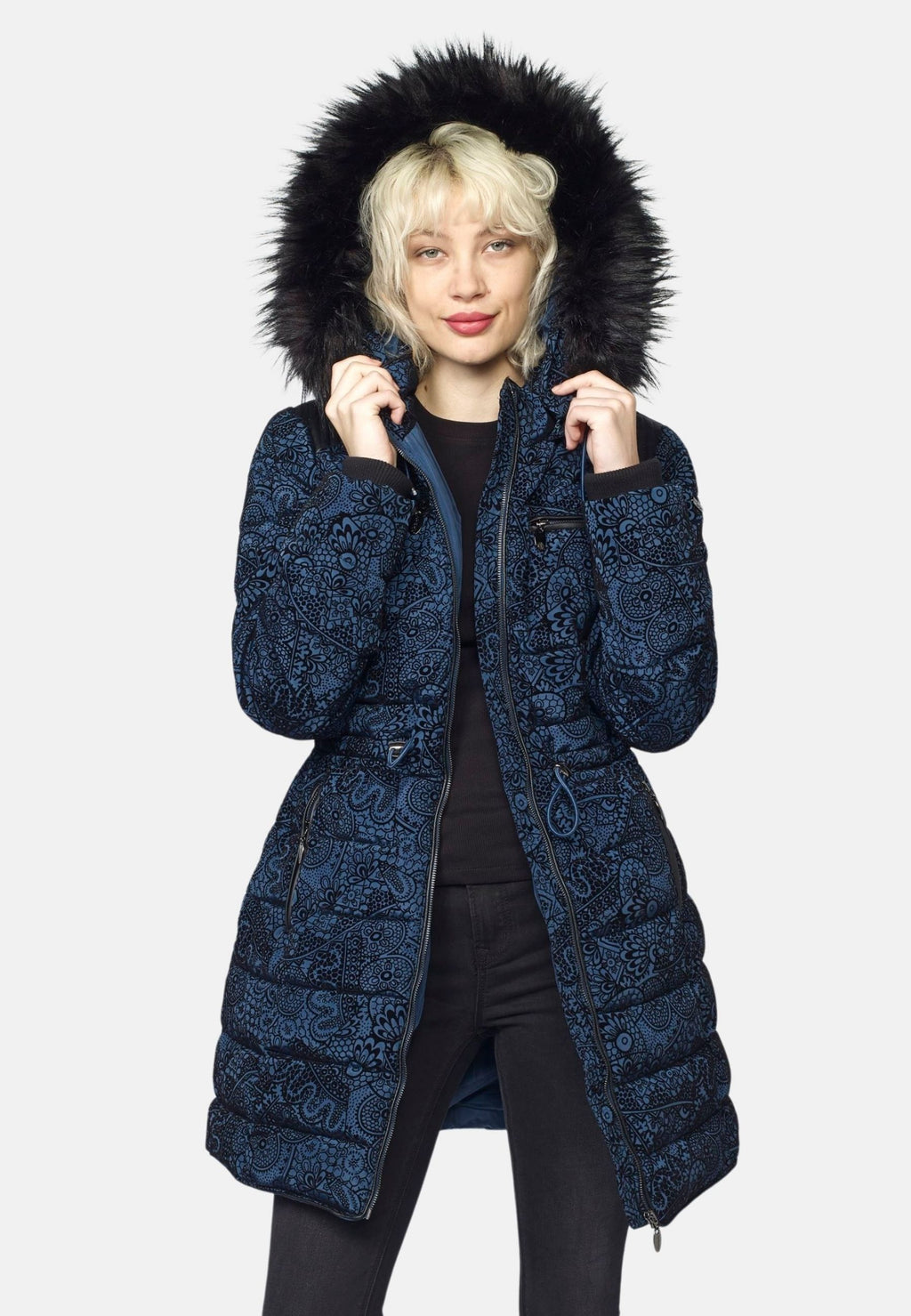 Jaqueta parka llarga encoixinada de dona amb caputxa de pell no animal