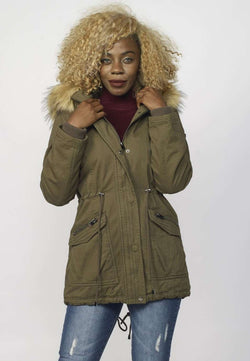 Parka lungo da donna kaki in cotone con cappuccio in pelliccia - Koroshi 2022JA83