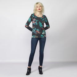 Anthracite women's floral and shiny print long-sleeved t-shirt - Koroshi 2022ML23