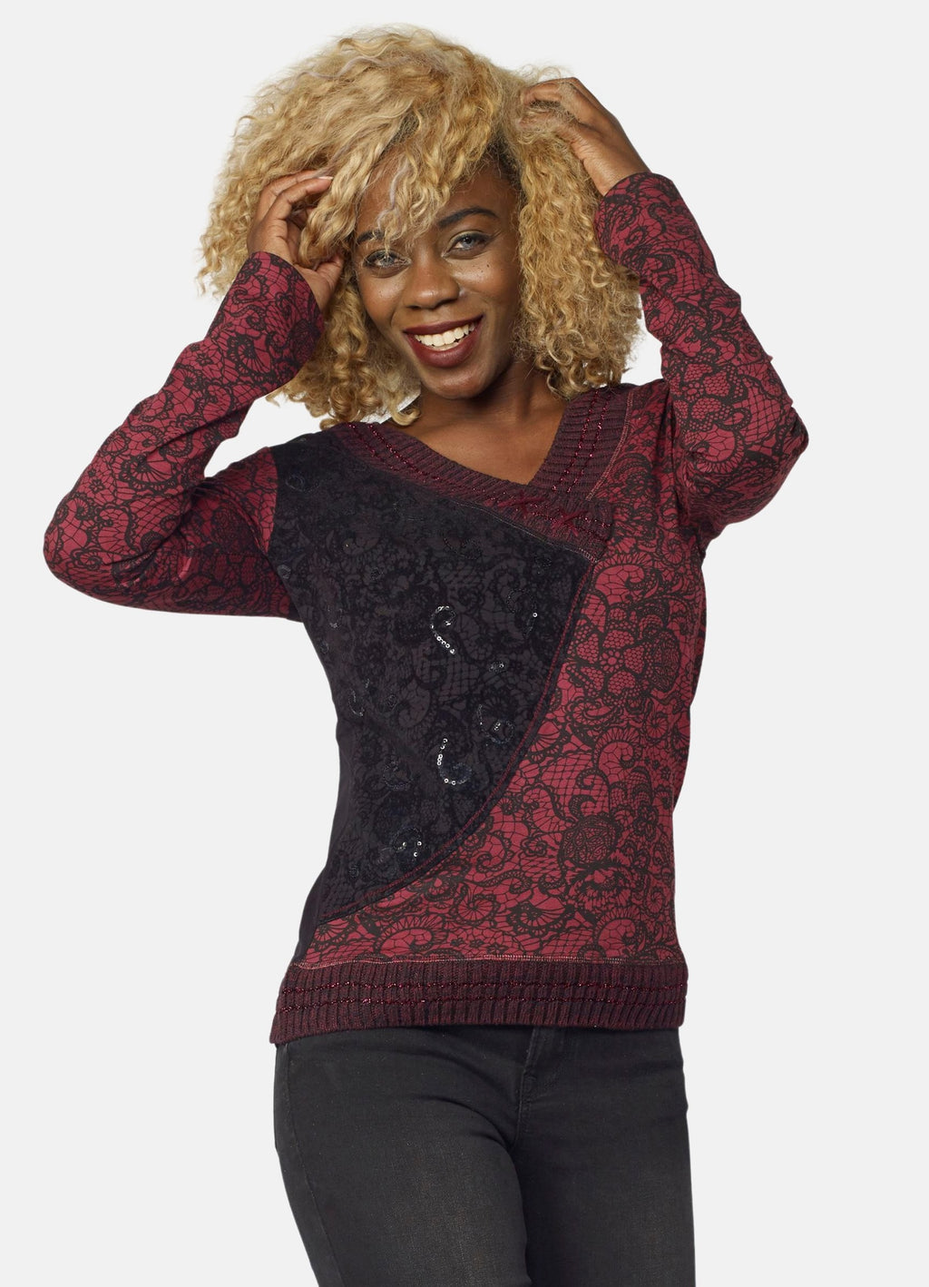 T-shirt femme bordeaux imprimé floqué à sequins - Koroshi 2022ML40