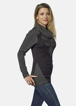 T-shirt a collo alto a maniche lunghe ricamata in lurex nero da donna - Koroshi 2022ML66