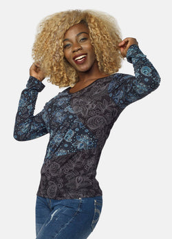 Cobalt blue women's cashmere print long-sleeved t-shirt - Koroshi 2022ML77