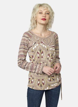 T-shirt manches longues femme beige détail imprimé feuille ethnique - Koroshi 2022ML79