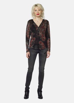 T-shirt manches longues femme rouge imprimé cachemire - Koroshi 2022ML86