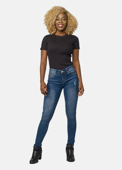 Dunkelblaue Slim-Damenjeans mit zerrissenen Details – Koroshi 2022PT68