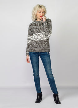Pull à capuche femme kaki en maille jacquard géométrique - Koroshi 2022TR05