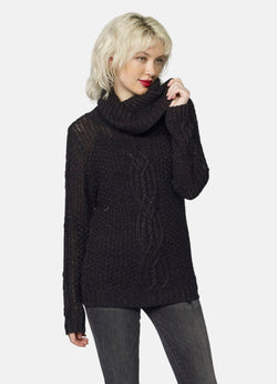 Black women's knitted sweater with lurex and braided turtleneck - Koroshi 2022TR18